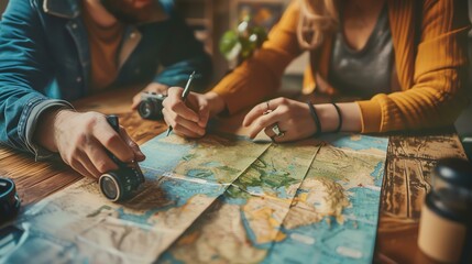 Young couple is planning their next vacation. They are looking at a world map and discussing where they want to go. - obrazy, fototapety, plakaty
