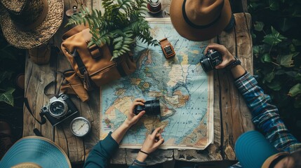 Top view of a wooden table with a world map, two cameras, a leather bag, a hat, a clock and some plants.