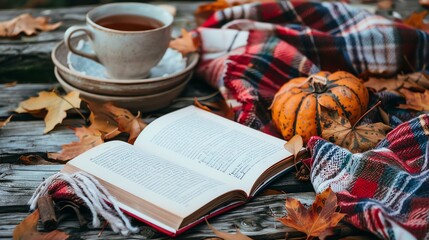 A cup of tea on a saucer, a book, a pumpkin, and a scarf with a plaid pattern lie on a wooden table strewn with fallen leaves. - obrazy, fototapety, plakaty