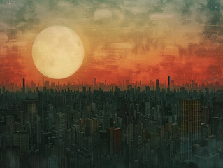 Illustration of a vast minimalist cityscape under a full moon
