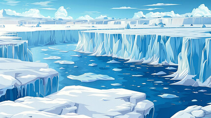 Illustration of a vast glacier with crevasses and icebergs