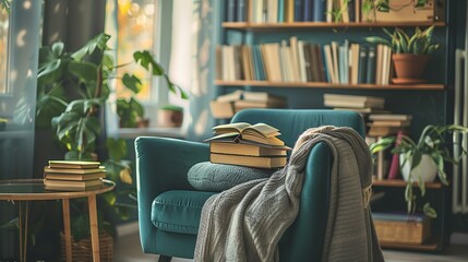 A cozy reading nook with a blue armchair, a gray blanket, and a stack of books. There is a small table with a vase of flowers next to the chair. - obrazy, fototapety, plakaty