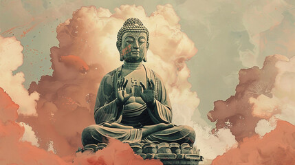 Illustration of a Zen statue in a pose of enlightenment, with a background of muted, flat-colored clouds