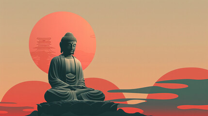 Illustration of a Zen statue in a pose of release, against a background of soft, muted sunset colors