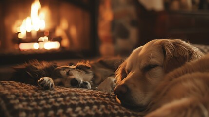 Two cute dogs sleeping in front of a fireplace on a cold winter day. - obrazy, fototapety, plakaty