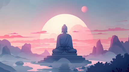 Illustration of a Zen statue in deep meditation with a background of muted, flat-colored early dawn