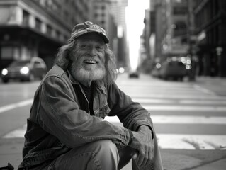 black and white photo of a poor American man living on the street, against the backdrop of American streets and American moisture. concept elections, people, humanity, poverty - obrazy, fototapety, plakaty