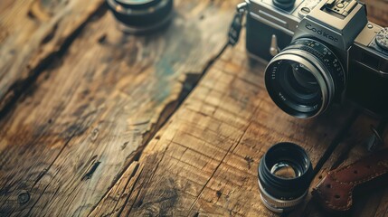 Close-up of a vintage camera and lens on a wooden table. The camera is an old film camera with a brown body. The lens is a black zoom lens. - obrazy, fototapety, plakaty