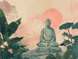 Buddha statue meditating with pink sun