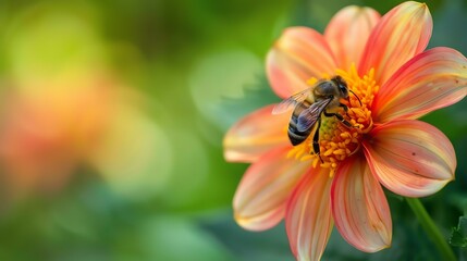 A bee pollinates a flower. The bee is covered in pollen. The flower is orange and has a yellow center. - obrazy, fototapety, plakaty