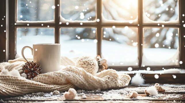 A cozy winter scene with a cup of hot cocoa on a snowy window sill. The perfect way to warm up on a cold day.