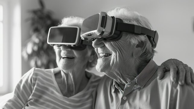 black and white photo of a happy elderly couple man and woman wearing vr glasses.