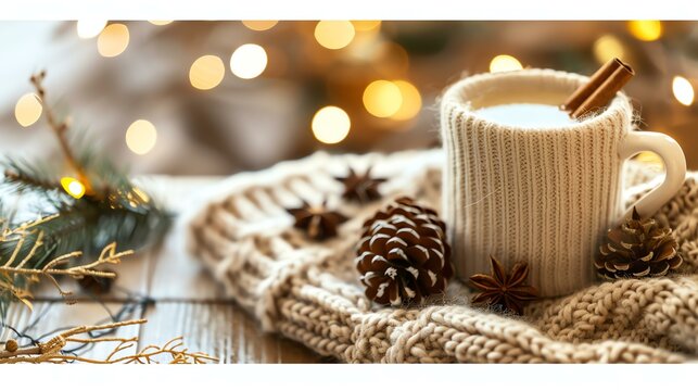 A cup of hot milk with cinnamon and anise on a cozy winter background. The cup is wrapped in a warm knitted sweater.