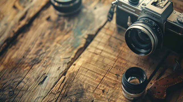 Close-up of a vintage camera and lens on a wooden table. The camera is an old film camera with a brown body. The lens is a black zoom lens.