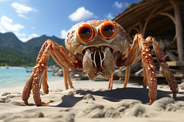 fantasy of a crab stranded on the beach - obrazy, fototapety, plakaty