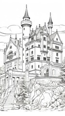 Fototapeta premium vertical black and white coloring. medieval castle. coloring concept, black and white, cartoon, towers, medieval, castles, children's books