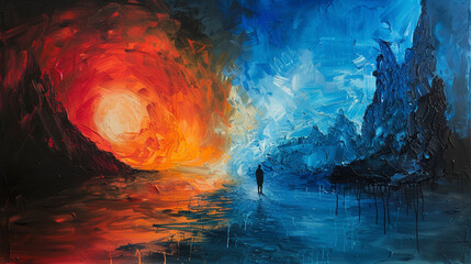 Moody depiction of a lone figure singing in a landscape divided by ice and fire, their song bridging the divide