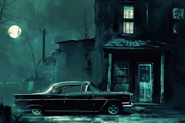 Moody illustration of a mafia car parked outside a spooky, rundown building, hinting at unseen horrors within