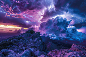 Moody image of a vivid thunderstorm, with lightning strikes creating a spectacular display against the dark clouds - obrazy, fototapety, plakaty