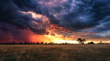 A dramatic landscape photo of a thunderstorm rolling in over a rural field. The sky is dark and ominous, with bright bolts of lightning. - obrazy, fototapety, plakaty
