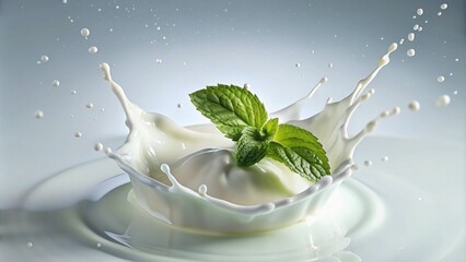 Refreshing Mint Leaf and Milk Yogurt Splash, Healthy Dairy Drink with Herbal Twist - obrazy, fototapety, plakaty