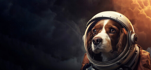 banner for Cosmonautics Day, a dog in a spacesuit on a dark background with space for text. Cosmonautics Day concept, animals, relocation, banner, poster, text - obrazy, fototapety, plakaty