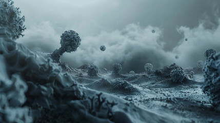 Moody portrayal of a landscape made from deformed chromosomes, visualizing a world shaped by genetic variations
