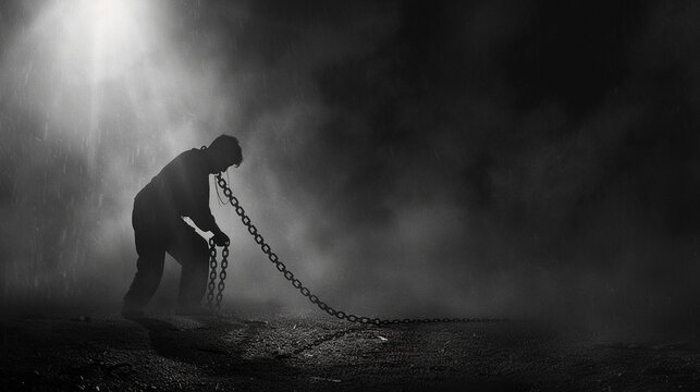 Moody image of a solitary figure striking a chain against the ground, evoking the struggle against invisible bonds
