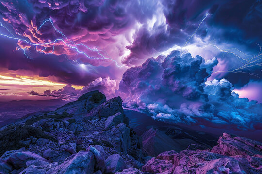 Moody image of a vivid thunderstorm, with lightning strikes creating a spectacular display against the dark clouds