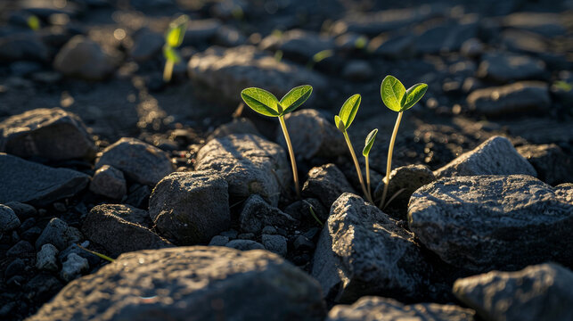 Moody shot of sprouts casting long shadows on the stones at dusk, creating a feeling of mystery and hope