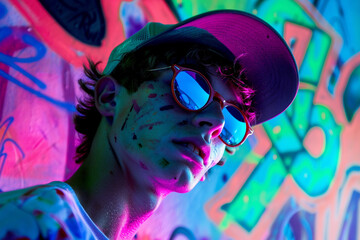 Portrait photography of an adolescent against a backdrop of fluorescent graffiti, symbolizing the vibrant voice of youth