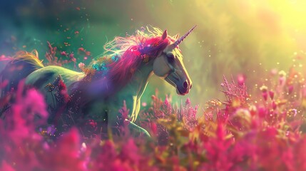 A beautiful unicorn with a long, flowing mane and tail stands in a field of flowers. The unicorn is white with a pink horn and hooves.