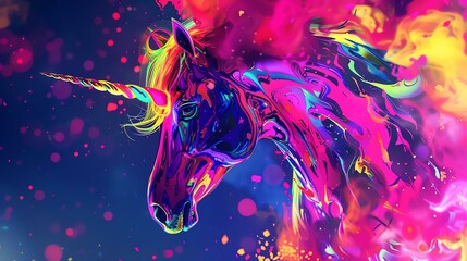 A beautiful unicorn with a long flowing mane and tail. The unicorn is surrounded by colorful smoke and has a glowing horn. - obrazy, fototapety, plakaty
