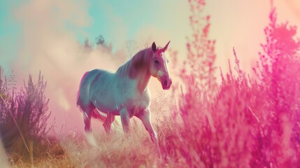 Obraz na płótnie Canvas A beautiful unicorn is walking through a field of tall grass.
