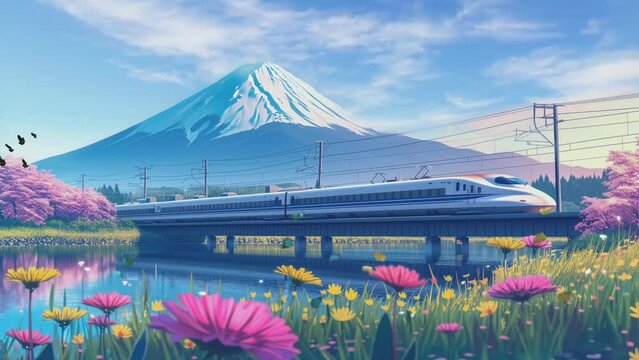 beautiful nature scenery with Mount Fuji, blooming flowers and trains in spring
