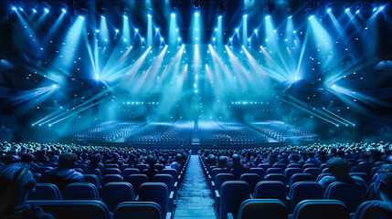 Dramatic Stage Show Lighting, Blue Spotlight and Smoke, Empty Performance Space with Curved Ramp Design