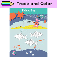 Pen tracing lines activity worksheet for children. Pencil control for kids practicing motoric skills. Fishing day educational printable worksheet. Vector illustration. - 747824589