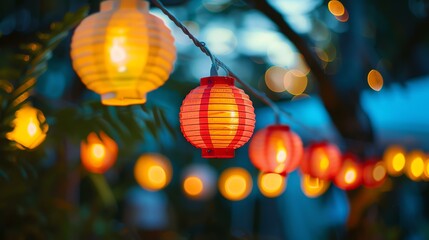 Red and yellow paper lanterns hang from a string of lights, casting a warm glow in the evening. - obrazy, fototapety, plakaty