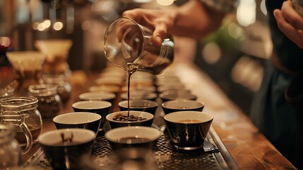 Coffee tasting. A barista is pouring coffee from a glass jug into a row of small white and black cups. The cups are arranged on a metal tray. - obrazy, fototapety, plakaty