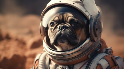 dog in a spacesuit against the backdrop of space. on a dark background of space. cosmonautics day - obrazy, fototapety, plakaty