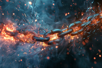 Surreal depiction of a chain fracturing as it strikes a surface, each link bursting into a flurry of sparks - obrazy, fototapety, plakaty