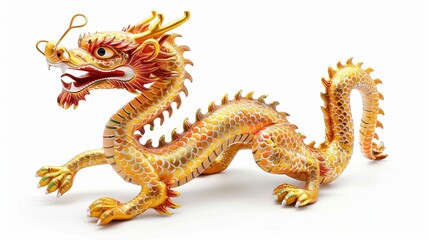 Naklejka premium Chinese golden dragon set apart on a white background. Isolated on white, the traditional Chinese dragon appears golden.