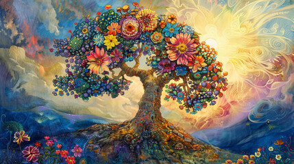 Surreal depiction of a mythical tree whose core blooms with flowers of unimaginable colors, radiating energy - obrazy, fototapety, plakaty