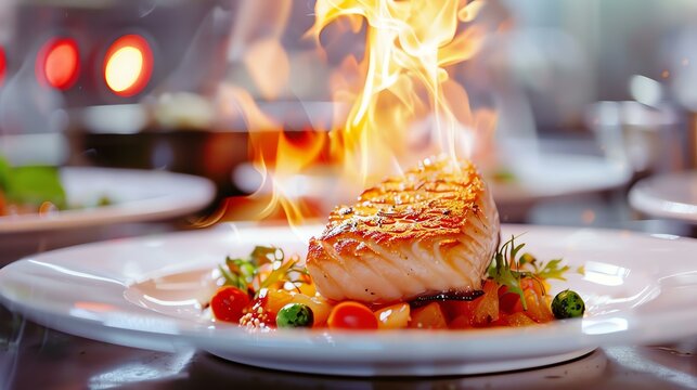 FlambÃ©ed salmon steak with vegetables on a white plate. The salmon is cooked to perfection and the vegetables are tender and crisp.
