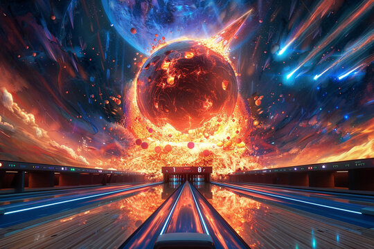 Surreal depiction of a meteor striking a bowling alley, blending cosmic energy with the thrill of the game