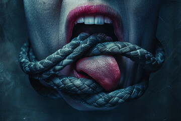 Surreal image of a tongue tied in a knot, representing the struggle of speech and expression - obrazy, fototapety, plakaty