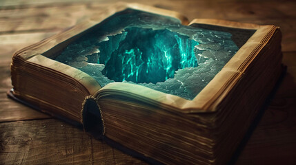 Surreal image of an abyss opening within a book, suggesting the minds ability to traverse endless depths through imagination