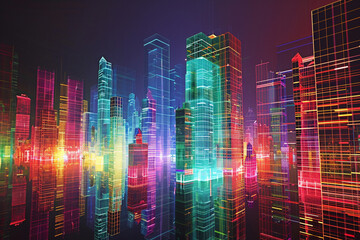 Obraz premium Vibrant visualization of a cityscape where buildings are lit by LEDs programmed to display an ever-changing array of colors