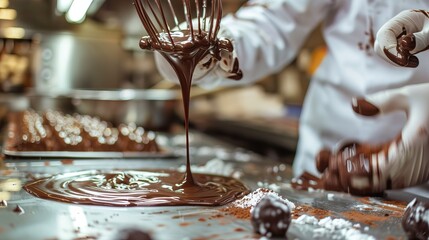 A baker or chocolatier making chocolate bonbons is seen below, whisking melted chocolate and drizzling it onto the counter.