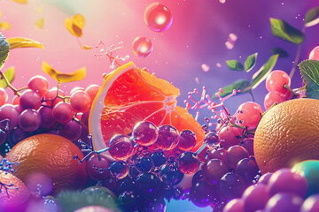 Vibrant illustration of fruits rich in organic acids, with a focus on the molecular magic inside them